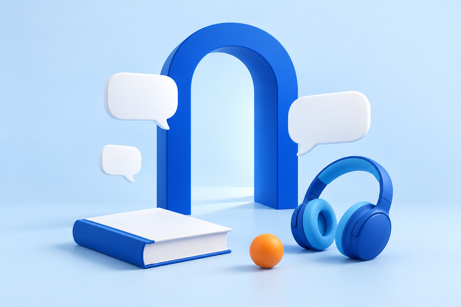باب أزرق مفتوح مع كتاب وسماعات وفقاعات محادثة، يرمز إلى فرص التعلّم